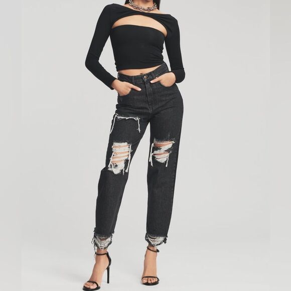 NWT Retrofête Maggie Jeans Size 31 Straight in Onyx Jet Black Heavily Distressed - Picture 1 of 11